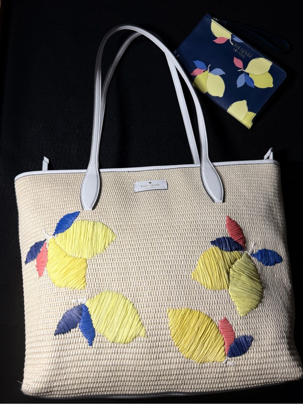 Kate Spade Lemon Zest Straw Tote & Cameron Wristlet Set WKRU6715 WLRU6152